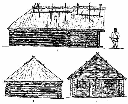 Рис. 7. Реконструкція фасаду (1), південної (2) та північної (3) стінок житла.