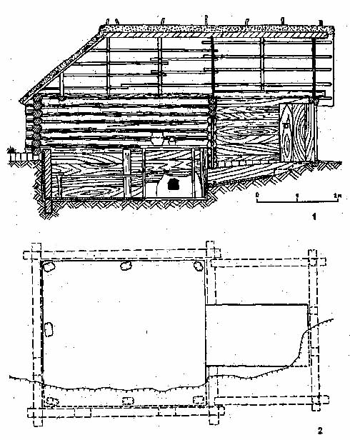 Рис. 6. Реконструкція житла. Поздовжній розріз (1) та план (2).